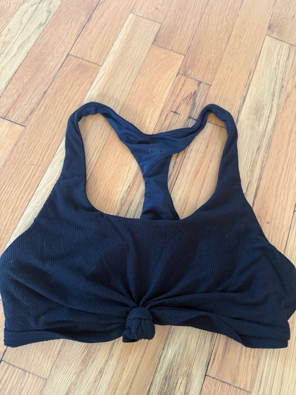 ALO Yoga Black Knot-Front Racerback Sports Bra